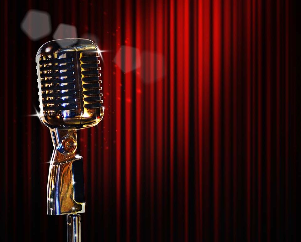 retro microphone and red curtain